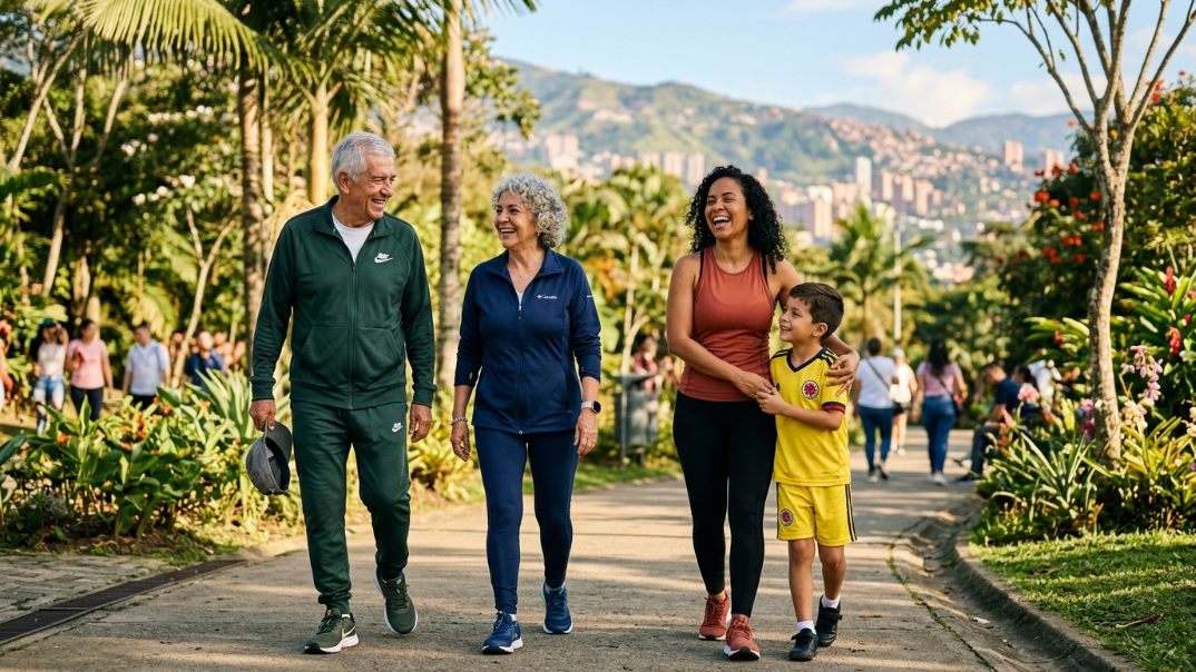 Una pareja mayor camina por un parque junto a su hija adulta y su nieto, conversando y riendo, con las montañas al fondo.