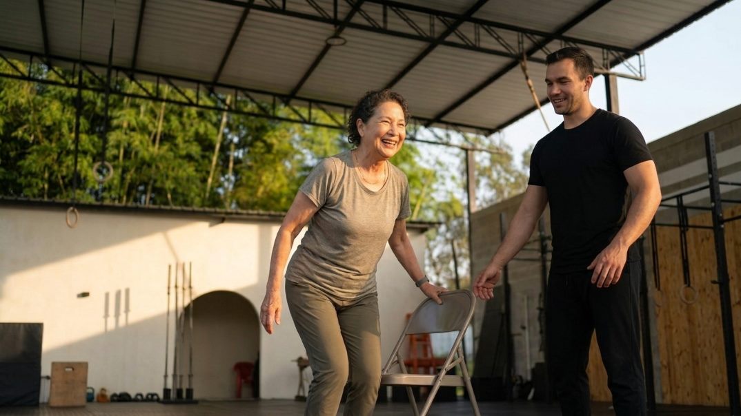 Una mujer de unos 65 años se levanta de una silla sin apoyarse, sonriendo, mientras un entrenador la acompaña de pie a su lado en el gimnasio al aire libre.